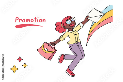 Promotional Delight: An illustration of a cheerful figure dancing and delivering a package amidst a colorful rainbow backdrop, conveying the essence of excitement in marketing and special offers.