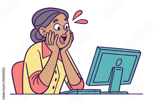 Astonished Observer: A woman in shock looks at a computer screen, mouth agape, highlighting surprise and bewilderment. This illustration captures a moment of disbelief and astonishment.