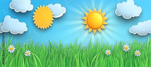 Sunny day, green grass, fluffy clouds, and daisies