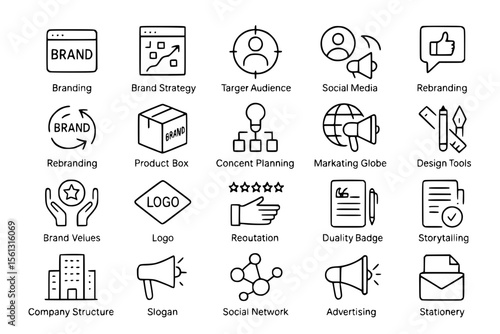 Branding & Marketing Line Icons: Brand Strategy, Logo & Digital Advertising Vector Set