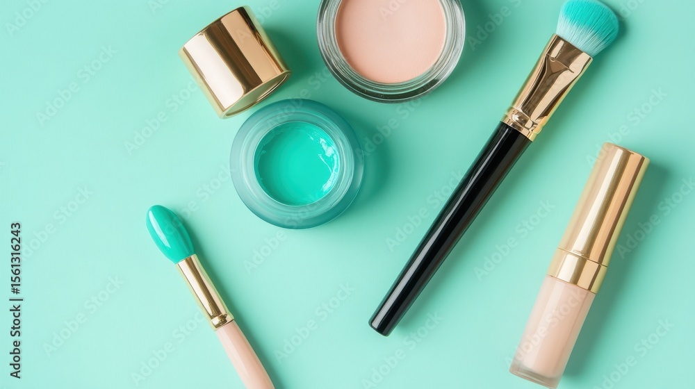 A flatlay arrangement of beauty products in gold and green tones showcasing an elegant aesthetic for a visually appealing lifestyle presentation A flatlay arrangement of beauty products in gold and green tones showcasing an elegant aesthetic for a visually appealing lifestyle presentation