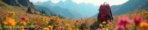 Lone Backpack Amidst Vibrant Wildflowers A Journey Through Stunning Natural Landscapes, Evoking Adventure and Untamed Beauty