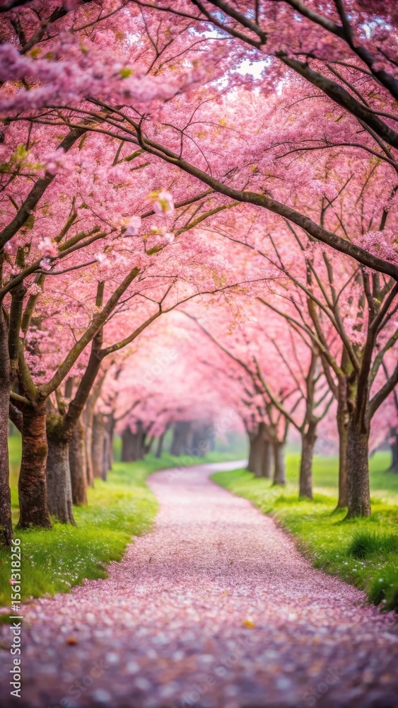Soft pink cherry blossom petals line the winding path of a serene road Soft pink cherry blossom petals line the winding path of a serene road