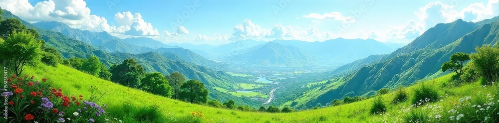 Fototapeta premium Thriving Terrestrial Ecosystem Lush Green Hills, Majestic Mountains, Vibrant Flora and Fauna under a Clear Blue Sky