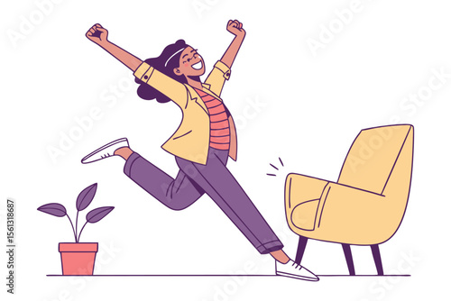 Joyful Jump: A vibrant illustration of a woman expressing unrestrained joy, leaping with arms raised in celebration.