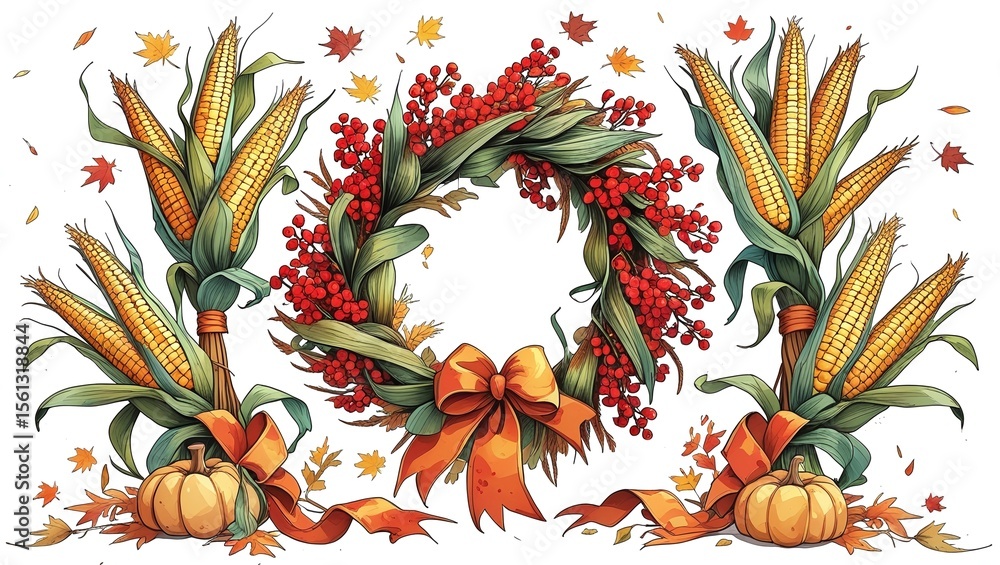Fototapeta premium Ornamental Arrangement Featuring Pumpkins, Corn Stalks, Berry Wreath, and Autumn Foliage