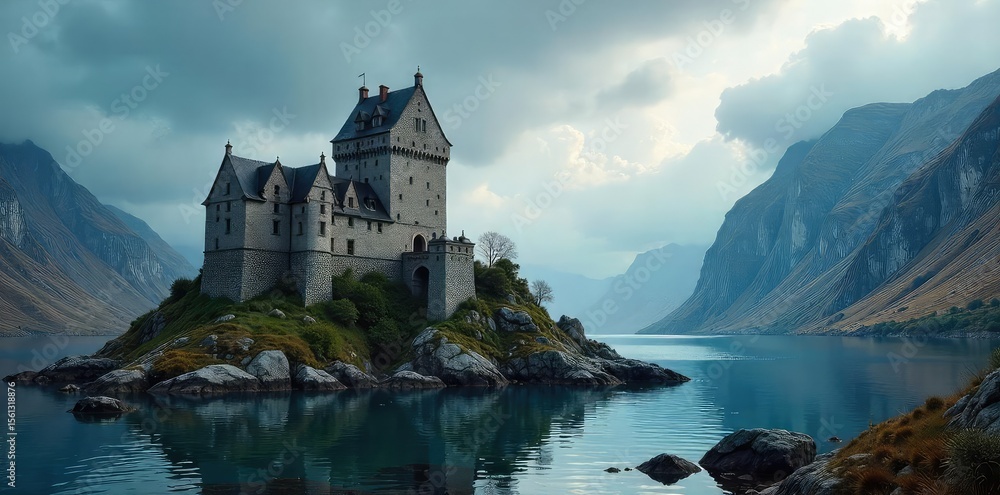 Naklejka premium Majestic Scandinavian Castle overlooking Tranquil Fjord under a Dramatic Sky
