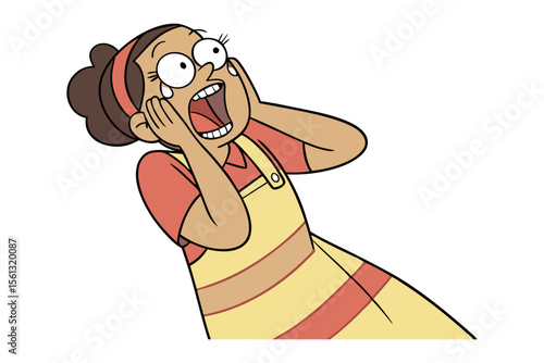 Utter Shock and Dismay: A vibrantly animated figure, capturing a moment of intense surprise with open mouth and wide eyes, as she clutches her face in disbelief.