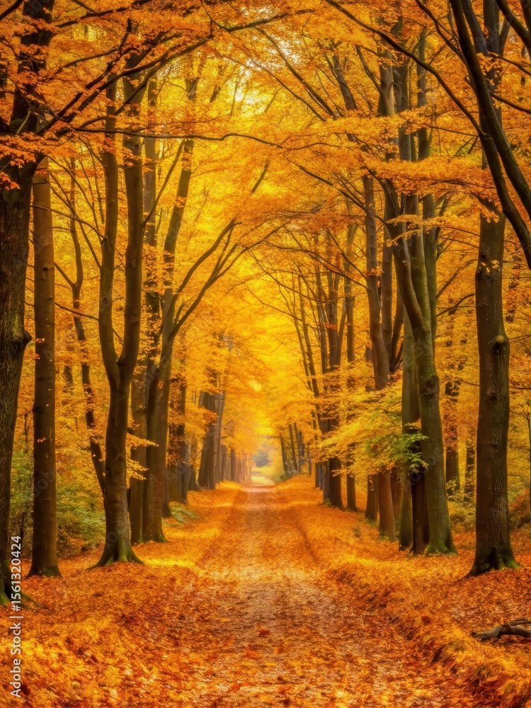 Fototapeta premium Forest Path Overrun with Golden Autumn Leaves