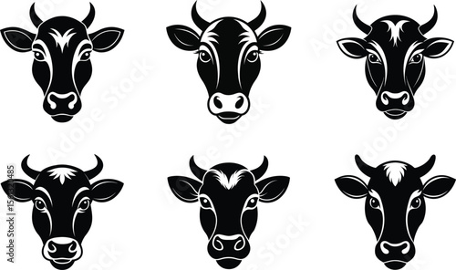 A vector cartoon illustration of a cute, funny farm animal set, including a cow head silhouette, a cow, and a calf