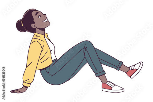 Hopeful Outlook: A young woman sits looking up, radiating optimism and contentment. Her casual attire and relaxed pose suggest a feeling of ease and comfort.