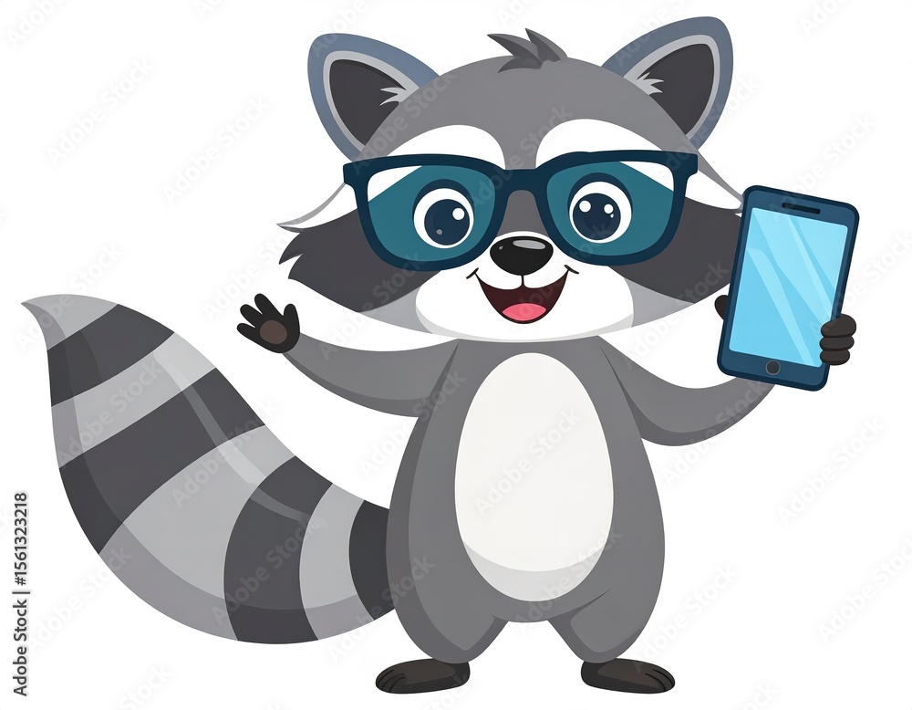 Smart raccoon cartoon holding smartphone, playful grin and glasses, isolated clean white backdrop. Smart raccoon cartoon holding smartphone, playful grin and glasses, isolated clean white backdrop.