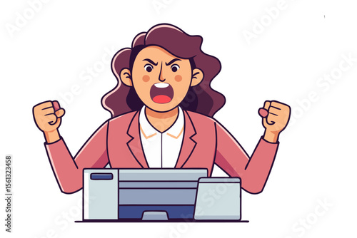 Furious Printer: Illustration of a woman expressing anger while standing in front of printer. 
