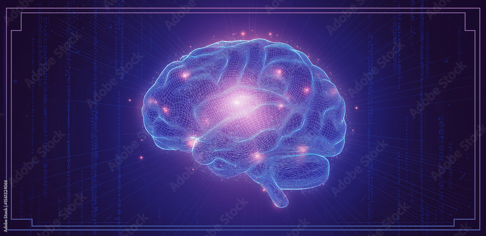 On a purple background, there’s a glowing brain pattern composed of lines and light spots, full of a sense of technology and futurism. On a purple background, there’s a glowing brain pattern composed of lines and light spots, full of a sense of technology and futurism.