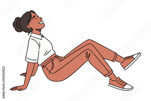 Serene Moment: A woman finds tranquil respite, seated on the ground with eyes closed, enveloped in the warmth of contentment.