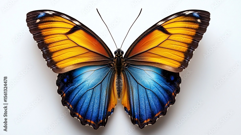 Fototapeta premium Vibrant butterfly, studio shot, colorful wings, white background