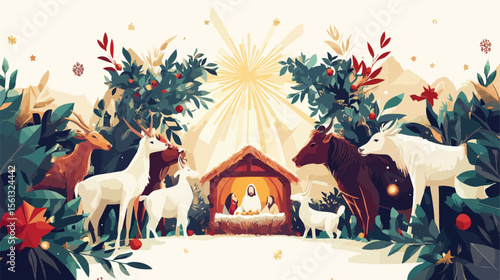 Holy Family in Manger Scene with Animals