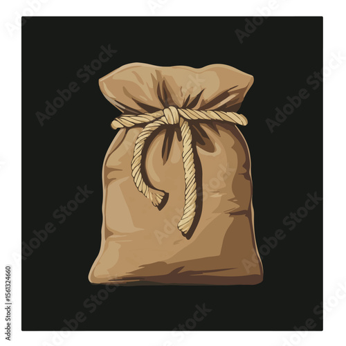 Brown Sack Closed with Rope Vector Illustration