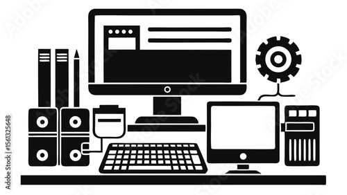 A black and white illustration of a computer setup with monitors keyboard mouse and office supplies