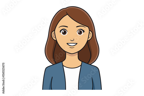 Smiling Woman Avatar: A friendly and approachable cartoon illustration of a woman with shoulder-length brown hair, wearing a blue jacket and white top, smiling warmly.  