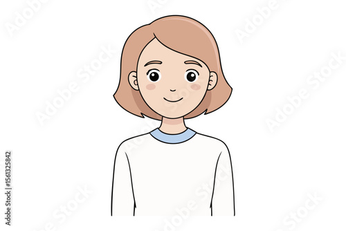 Smiling Girl Illustration: A cheerful young girl with shoulder-length brown hair and a warm smile, wearing a simple white sweater.