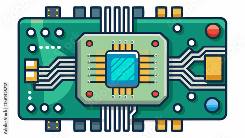 Stylized illustration of a central processing unit chip on a green circuit board with electronic components and connections