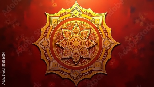 A traditional painting of Shree Yantra in radiant gold over a deep red textured background, symbolizing manifestation and wealth attraction in Vastu.
