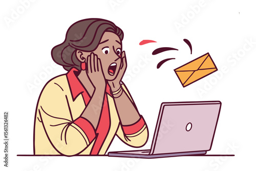 Digital Disaster: A woman is experiencing shock as an email emerges from a laptop screen, encapsulating the chaotic digital environment with an illustration that sparks both humor and concern.