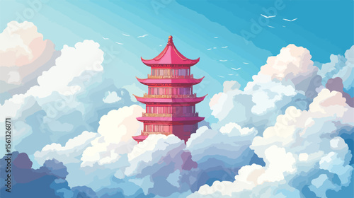 Urban Building Landscape with Cloudy Sky Vector Illustration