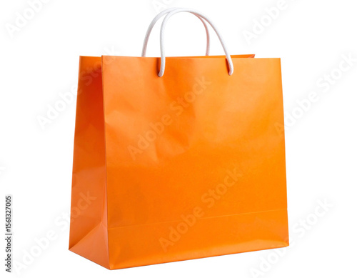Front View of Orange Paper Shopping Bag with White Handles, Isolated on White Background