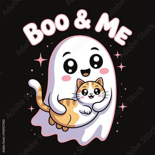 Ghost flying with a cat and text boo & me kawaii-style vector t-shirt isolated on a black background