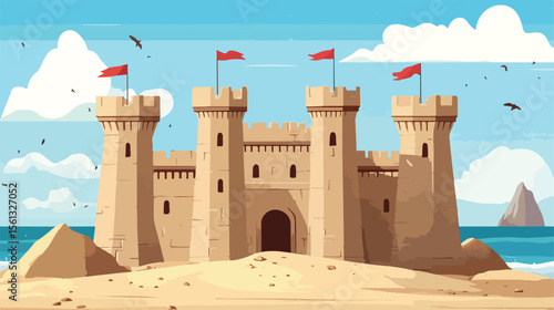 Impressive Sand Castle with Towers and Flag Vector Illustration