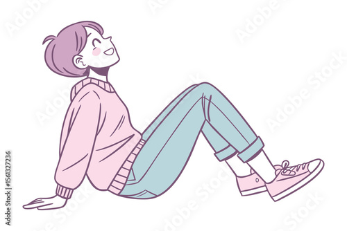 The Young Soul's Gaze: A portrait of a cheerful soul gazing up in the sky. A young individual sits gracefully on the ground, seemingly lost in a world of thought, joy and a state of peaceful serenity.