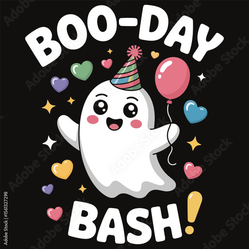 Ghost with a party hat and balloon and text boo-day bash kawaii-style vector t-shirt isolated on a black background