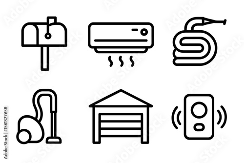 Home appliance and utility icon set vector illustration in simple line art style for digital use