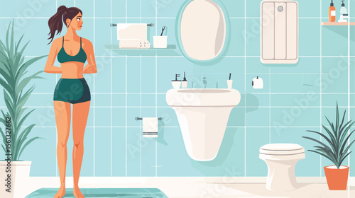 Slim Woman Struggling with Bulimia in Bathroom Vector Illustration