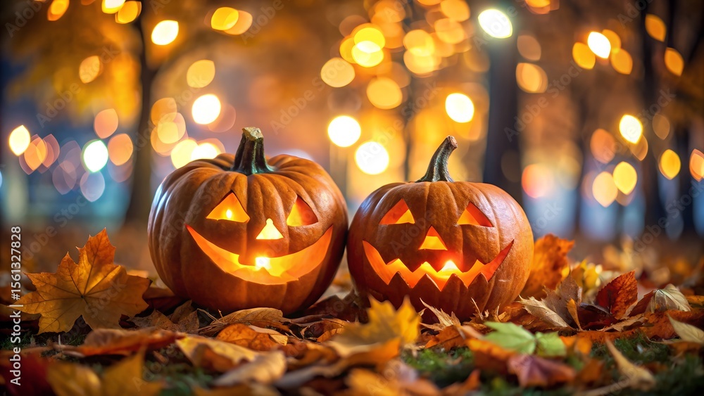 Fototapeta premium Two Illuminated Jack-o'-lanterns Amidst Autumn Leaves and Festive Bokeh Lights at Night