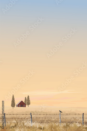 Wooden country house in the middle of wheat field in autumn with barbed wire fence in front and sunset sky vertical background graphic illustrated.