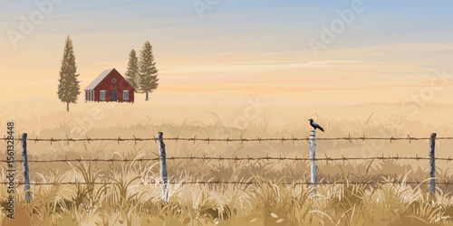 Wooden country house in the middle of wheat field in autumn with barbed wire fence in front and sunset sky background graphic illustrated.