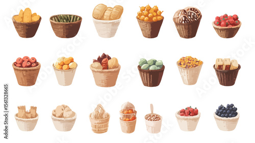 Bundle of Commodity Basket Icons Flat Vector Illustration