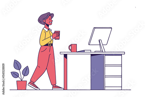 Office Serenity: A woman pauses in her workspace, holding a cup of beverage, next to her clean desk with a cup and computer. Calm and collected, amidst the buzz of daily work.