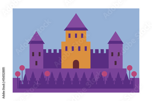 Majestic Fairytale Castle Illustration A Charming Purple and Gold Medieval Fortress