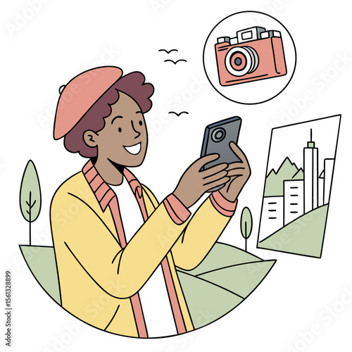 Person taking a photo with a smartphone while dreaming of photography and cityscapes in nature setting