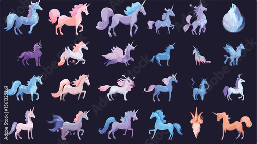 Enchanting Bundle of Fairytale Unicorn Icons in Flat Vector