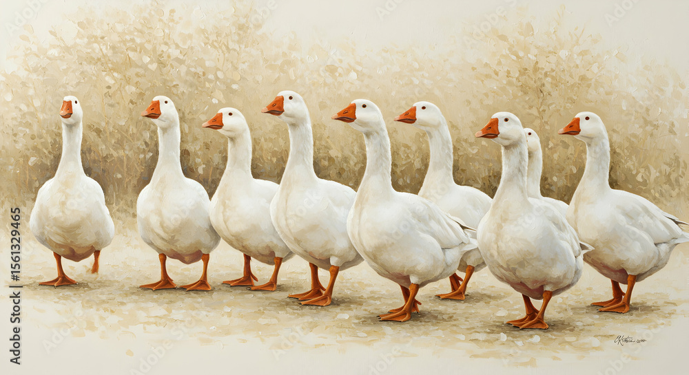Magnificent White Geese in Serene Landscape Painting Magnificent White Geese in Serene Landscape Painting