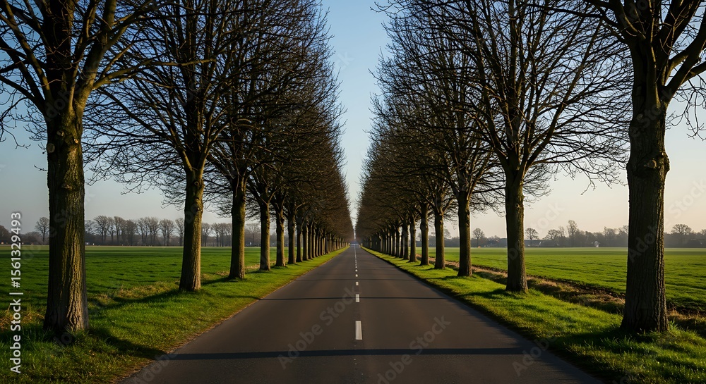 Empty road lined with trees leading to the horizon Empty road lined with trees leading to the horizon