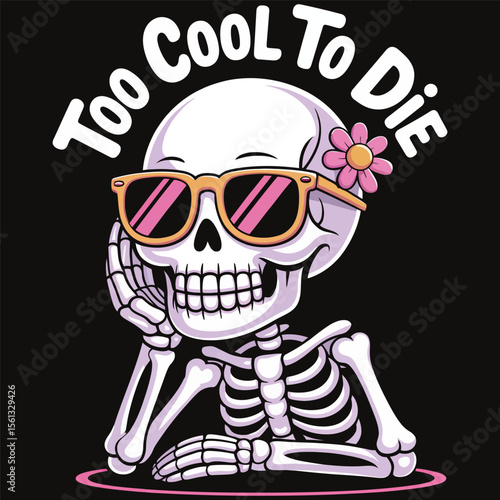 Skeleton with sunglasses chilling and text too cool to die kawaii-style vector t-shirt isolated on a black background