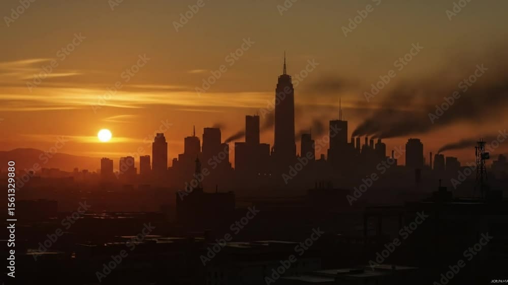 Silhouette of Cityscape at Sunrise with Industrial Smoke Silhouette of Cityscape at Sunrise with Industrial Smoke