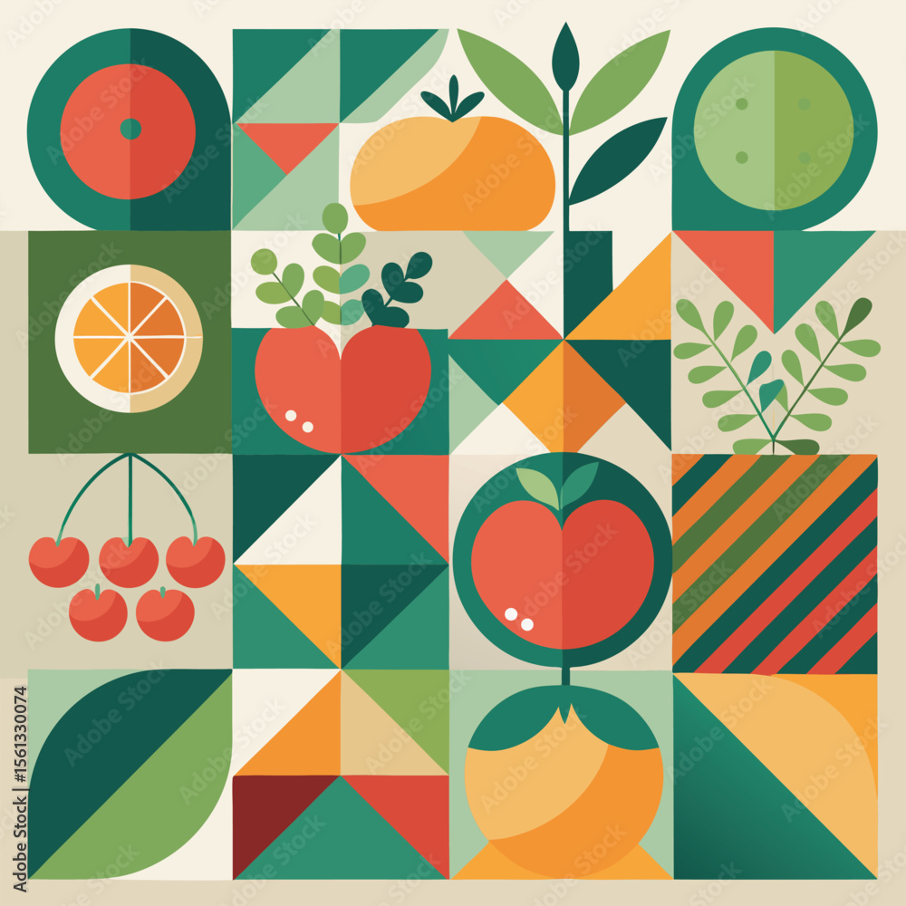 Abstract geometric pattern of farm food. Stylized poster with fruit and vegetables. Agriculture plants in cubism style. Contemporary art of healthy, natural, organic products. Flat vector illustration Abstract geometric pattern of farm food. Stylized poster with fruit and vegetables. Agriculture plants in cubism style. Contemporary art of healthy, natural, organic products. Flat vector illustration