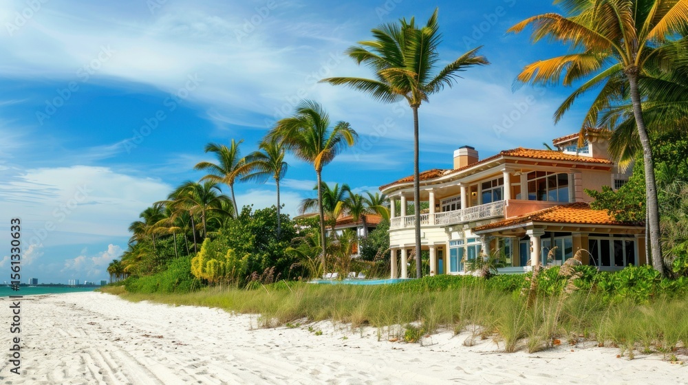 Fototapeta premium Miami beach homes with palm trees and white sand beaches